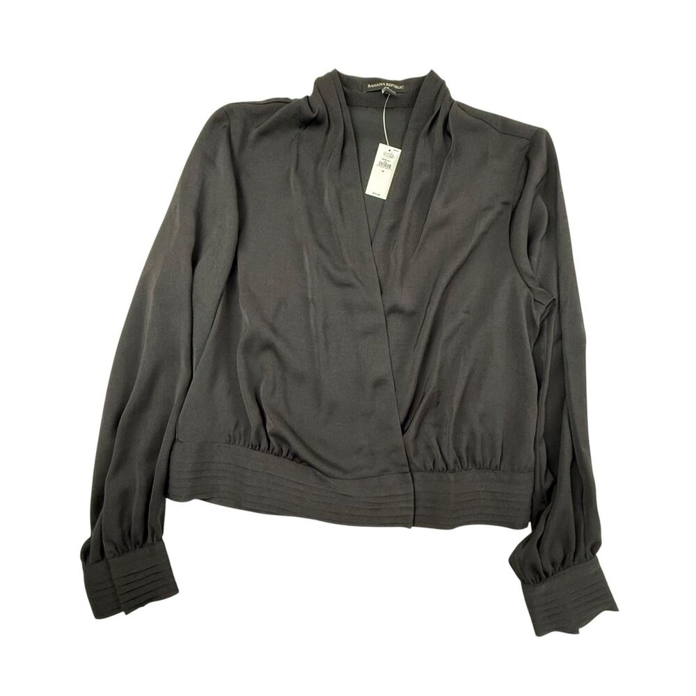 Banana Republic NEW Pleated Wrap Blouse Women Medium Black V-neck Classic